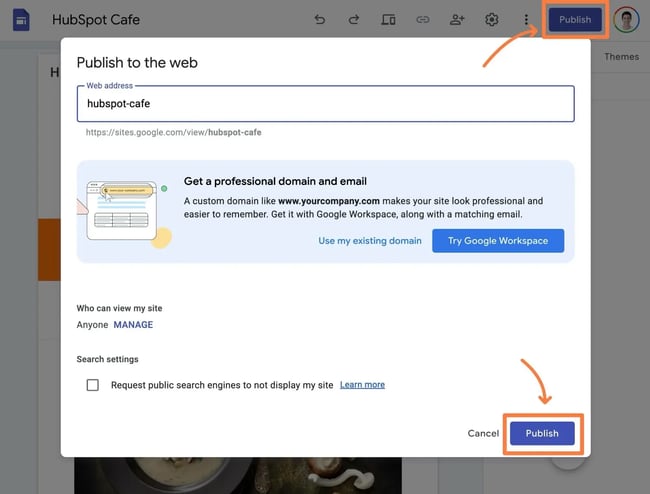 how to publish google sites website to make it public.